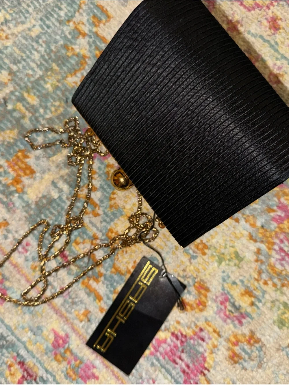 Sasha Black Ribbed Evening Clutch with Gold Frame